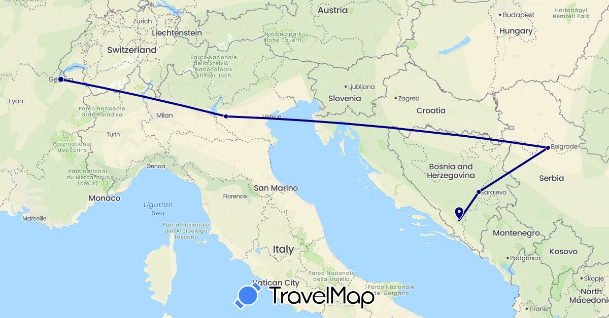 TravelMap itinerary: driving in Bosnia and Herzegovina, Switzerland, Italy, Serbia (Europe)